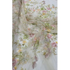 Tule Bordado com Pedrarias Premium Primavera Multicolor Amarelo - Comprimento 0,70 cm x Largura 1,30 m