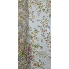 Tule Bordado com Pedrarias Premium Primavera Multicolor Amarelo - Comprimento 0,70 cm x Largura 1,30 m