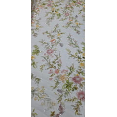 Tule Bordado com Pedrarias Premium Primavera Multicolor Amarelo - Comprimento 0,70 cm x Largura 1,30 m