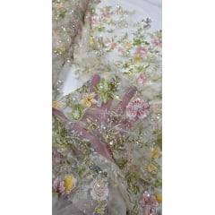 Tule Bordado com Pedrarias Premium Primavera Multicolor Amarelo - Comprimento 0,70 cm x Largura 1,30 m