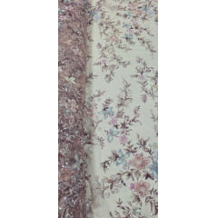Tule Bordado com Pedrarias Premium Primavera Multicolor Rosê - Comprimento 0,70 cm x Largura 1,30 m