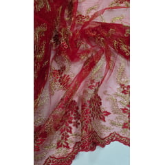Tule Bordado Europa Bicolor Vermelho e Dourado JKS8 - Comprimento 0,60 cm x Largura 1,30 m