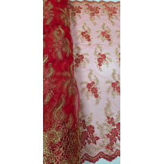 Tule Bordado Europa Bicolor Vermelho e Dourado JKS8 - Comprimento 1,80 cm x Largura 1,30 m 