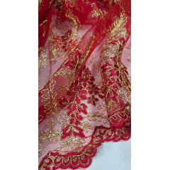Tule Bordado Europa Bicolor Vermelho e Dourado JKS8 - Comprimento 1,80 cm x Largura 1,30 m 