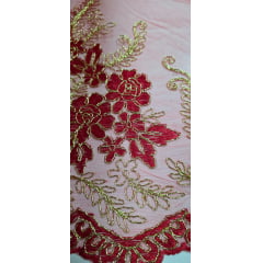 Tule Bordado Europa Bicolor Vermelho e Dourado JKS8 - Comprimento 1,80 cm x Largura 1,30 m 
