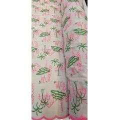 Cambraia Bordada Praia Pink com Verde - Comprimento 1,90 m x Largura 1,35 m