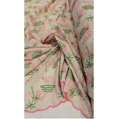 Cambraia Bordada Praia Pink com Verde - Comprimento 1,90 m x Largura 1,35 m