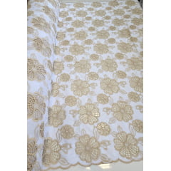 Layse Richelieu Flores Bicolor Branco com Kaki - Comprimento 1 m x Largura 1,30 m