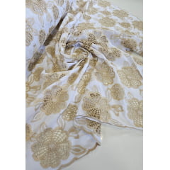 Layse Richelieu Flores Bicolor Branco com Kaki - Comprimento 1 m x Largura 1,30 m