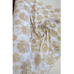 Layse Richelieu Flores Bicolor Branco com Kaki - Comprimento 1 m x Largura 1,30 m