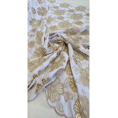 Layse Richelieu Flores Bicolor Branco com Kaki - Comprimento 1 m x Largura 1,30 m