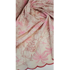 Cambraia Bordada Praia Vermelho com Pink Modelo 02 - Comprimento 0,60 cm x largura 1,35 m