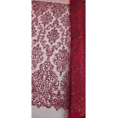 Tule Arabesco com Glitter e Paetê Vermelho 306LX - Comprimento 0,70 cm x Largura 1,30 m