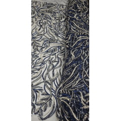 Tule Bordado com Pedrarias Azul Marinho com Ouro Velho Multicolor HS2625 - Comprimento 0,50 cm x Largura 1,40 m
