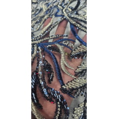 Tule Bordado com Pedrarias Azul Marinho com Ouro Velho Multicolor HS2625 - Comprimento 0,50 cm x Largura 1,40 m