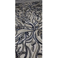 Tule Bordado com Pedrarias Azul Marinho com Ouro Velho Multicolor HS2625 - Comprimento 0,50 cm x Largura 1,40 m