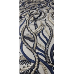 Tule Bordado com Pedrarias Azul Marinho com Ouro Velho Multicolor HS2625 - Comprimento 0,50 cm x Largura 1,40 m