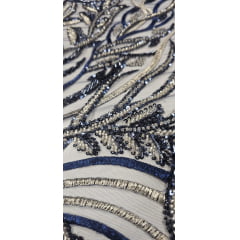 Tule Bordado com Pedrarias Azul Marinho com Ouro Velho Multicolor HS2625 - Comprimento 0,50 cm x Largura 1,40 m