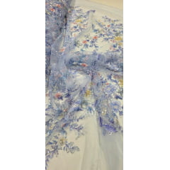 Tule Bordado com Pedrarias Premium Primavera Multicolor Azul - Comprimento 0,50 cm x Largura 1,30 m