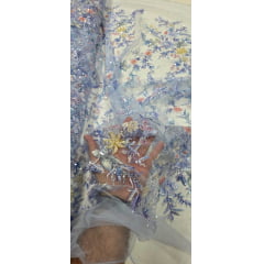 Tule Bordado com Pedrarias Premium Primavera Multicolor Azul - Comprimento 0,50 cm x Largura 1,30 m
