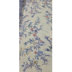 Tule Bordado com Pedrarias Premium Primavera Multicolor Azul - Comprimento 0,50 cm x Largura 1,30 m
