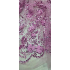 Tule Bordado com Glitter 3D Rosa Bebê ST3853 - Comprimento 1 m x Largura 1,40 m