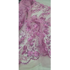Tule Bordado com Glitter 3D Rosa Bebê ST3853 - Comprimento 1 m x Largura 1,40 m