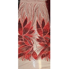 Tule Bordado com Pedrarias Premium Vermelho com Marsala HT70509 - Comprimento 0,60 cm x Largura 1,30 m