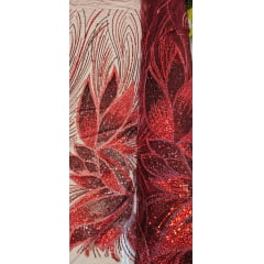 Tule Bordado com Pedrarias Premium Vermelho com Marsala HT70509 - Comprimento 0,60 cm x Largura 1,30 m