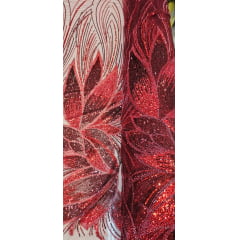 Tule Bordado com Pedrarias Premium Vermelho com Marsala HT70509 - Comprimento 0,60 cm x Largura 1,30 m