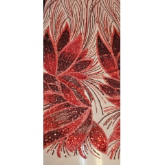 Tule Bordado com Pedrarias Premium Vermelho com Marsala HT70509 - Comprimento 0,60 cm x Largura 1,30 m
