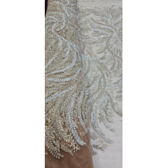 Tule Bordado com Pedrarias Premium Ramos Prata e Dourado Modelo HS1549 - Comprimento 0,7a cm x Largura 1,35 m