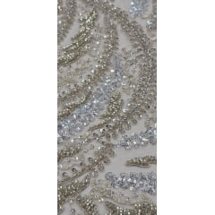 Tule Bordado com Pedrarias Premium Ramos Prata e Dourado Modelo HS1549 - Comprimento 0,7a cm x Largura 1,35 m