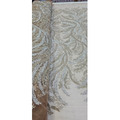 Tule Bordado com Pedrarias Premium Ramos Prata e Dourado Modelo HS1549 - Comprimento 0,7a cm x Largura 1,35 m