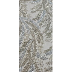 Tule Bordado com Pedrarias Premium Ramos Prata e Dourado Modelo HS1549 - Comprimento 0,7a cm x Largura 1,35 m