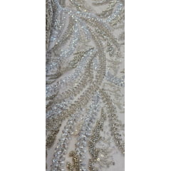 Tule Bordado com Pedrarias Premium Ramos Prata e Dourado Modelo HS1549 - Comprimento 0,7a cm x Largura 1,35 m