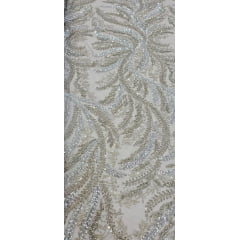 Tule Bordado com Pedrarias Premium Ramos Prata e Dourado Modelo HS1549 - Comprimento 0,7a cm x Largura 1,35 m