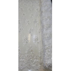 Tule Bordado com Pedrarias Dolce Champagne com Branco COM MANCHA - Comprimento 0,50 cm x Largura 1,30 m