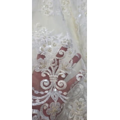 Tule Bordado com Pedrarias Dolce Champagne com Branco COM MANCHA - Comprimento 0,50 cm x Largura 1,30 m