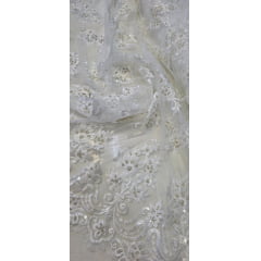 Tule Bordado com Pedrarias Dolce Champagne com Branco COM MANCHA - Comprimento 0,50 cm x Largura 1,30 m