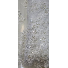 Tule Bordado com Pedrarias Dolce Champagne com Branco COM MANCHA - Comprimento 0,50 cm x Largura 1,30 m
