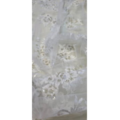 Tule Bordado com Pedrarias Dolce Champagne com Branco COM MANCHA - Comprimento 0,50 cm x Largura 1,30 m