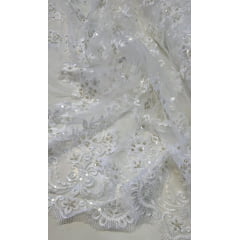Tule Bordado com Pedrarias Dolce Champagne com Branco COM MANCHA - Comprimento 0,50 cm x Largura 1,30 m