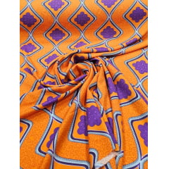 Crepe Verona Com Elastano Estampado Africano Desenho 01 Fundo Laranja - Comprimento 2 m x Largura 1,50 m