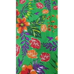 Chitão Estampado Fundo Verde Bandeira Claro com Pássaros Roxo STC - Comprimento 1 m x Largura 1,40 m