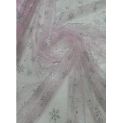 Organza Rosa Bebê Frozen com Glitter COM FURO - Comprimento 2 m x Largura 1,50 m