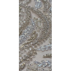 Tule Bordado com Pedrarias Premium Ramos Prata e Dourado Modelo HS1549 - Cópia (1)