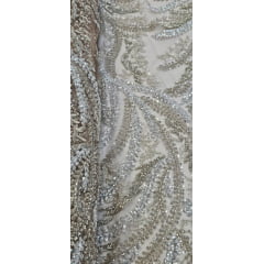 Tule Bordado com Pedrarias Premium Ramos Prata e Dourado Modelo HS1549 - Cópia (1)
