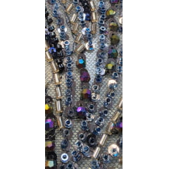 Tule Bordado com Pedrarias Premium Azul Marinho Multicolor HT70848 - Comprimento 0,50 cm x Largura 1,30 m
