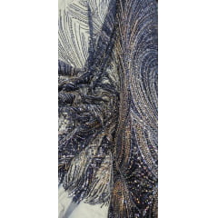 Tule Bordado com Pedrarias Premium Azul Marinho Multicolor HT70848 - Comprimento 0,50 cm x Largura 1,30 m